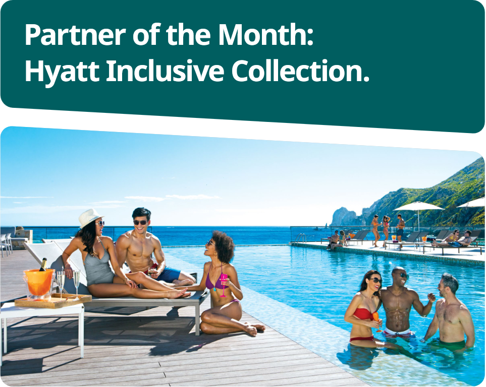 A group of people relaxing and socializing at an infinity pool at a luxury resort, promoting the Hyatt Inclusive Collection.
