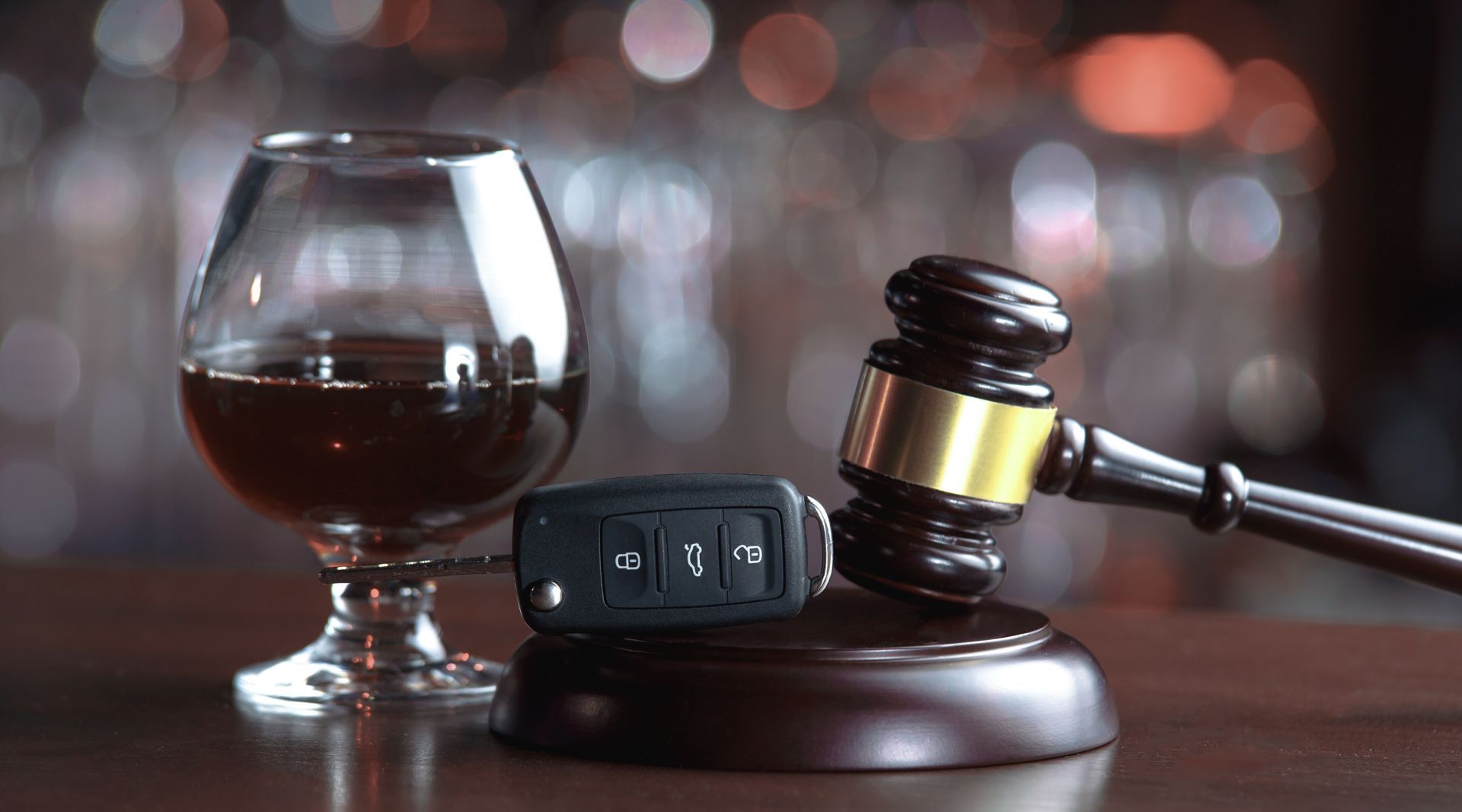 DUI lawyer concept: law hammer, alcohol, and car keys on wooden table with dark background.