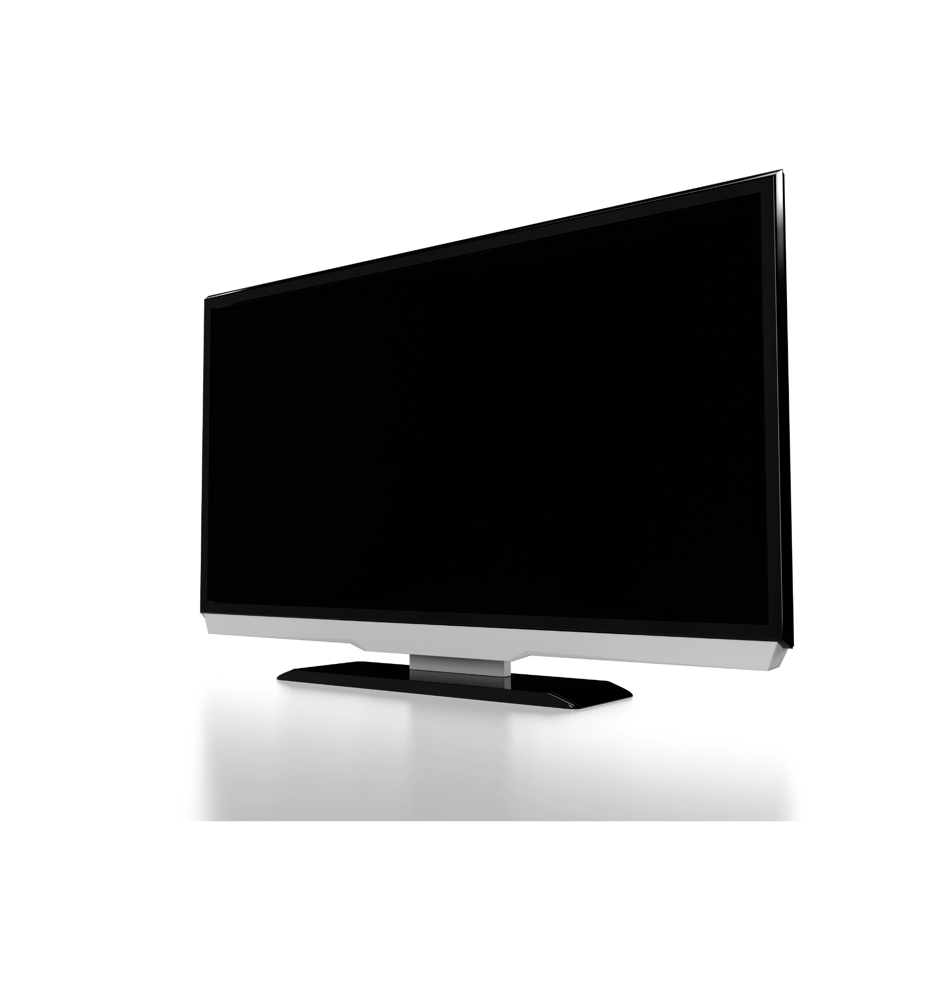 Televisor de pantalla plana con pantalla negra y soporte plateado, ligeramente inclinado sobre una superficie blanca.