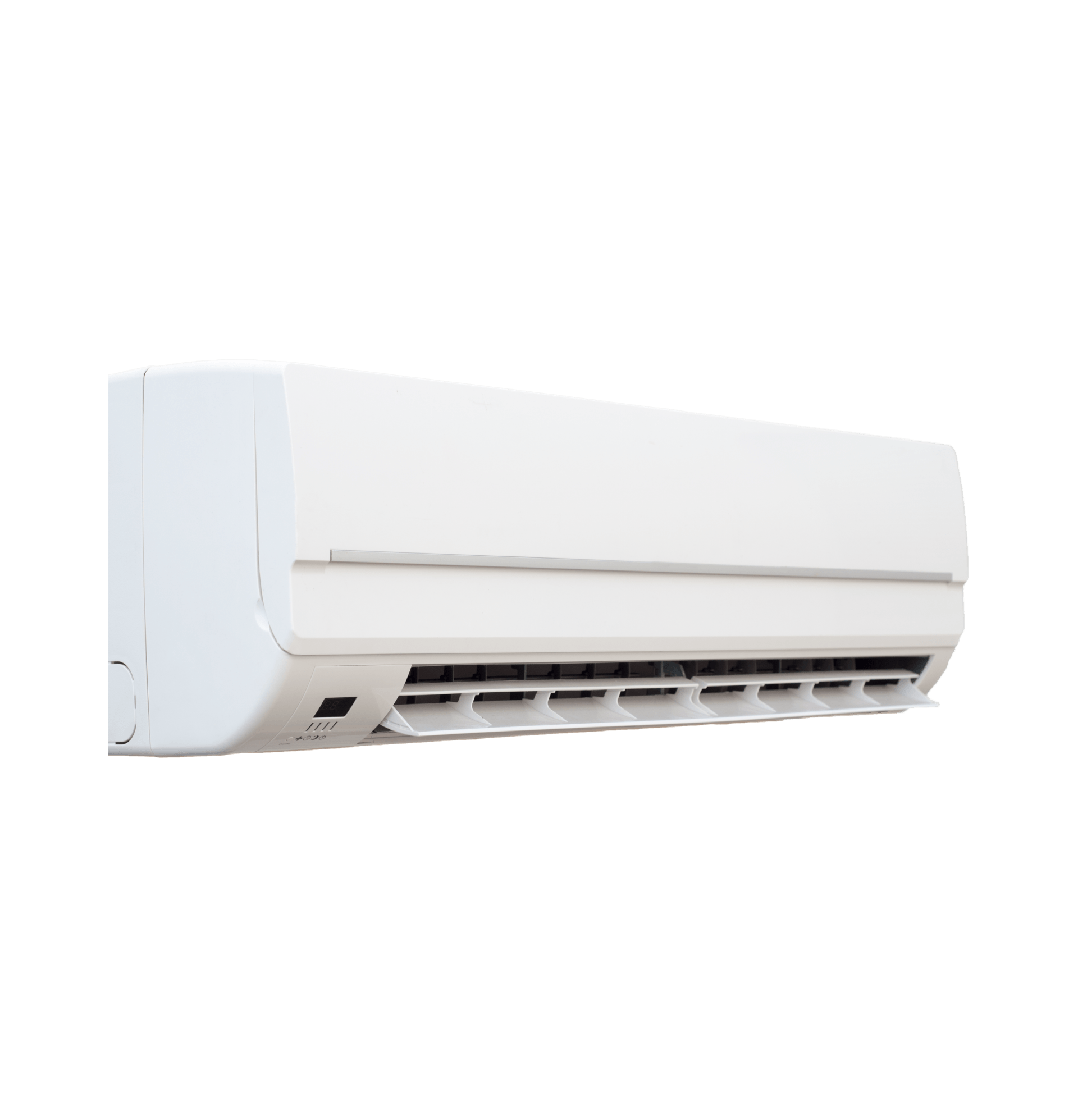 Unidad de aire acondicionado de pared de color blanco, vista desde un ligero ángulo.