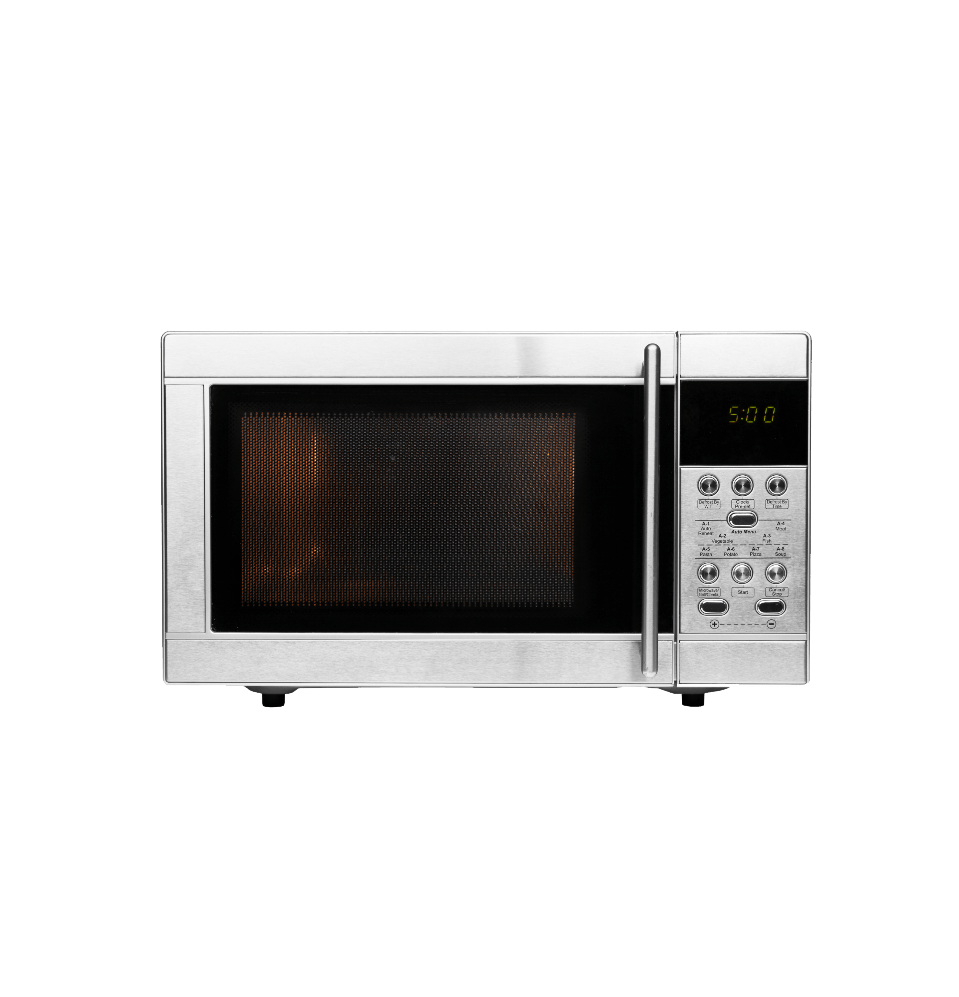 Horno microondas plateado con pantalla digital y panel de control.