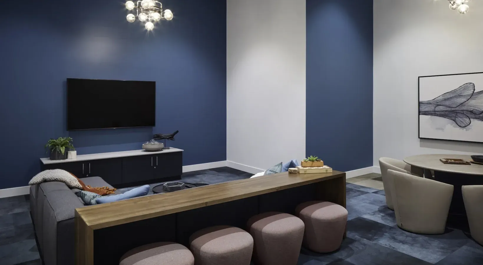 Seating and tv at Kirkland Urban in Kirkland, WA.