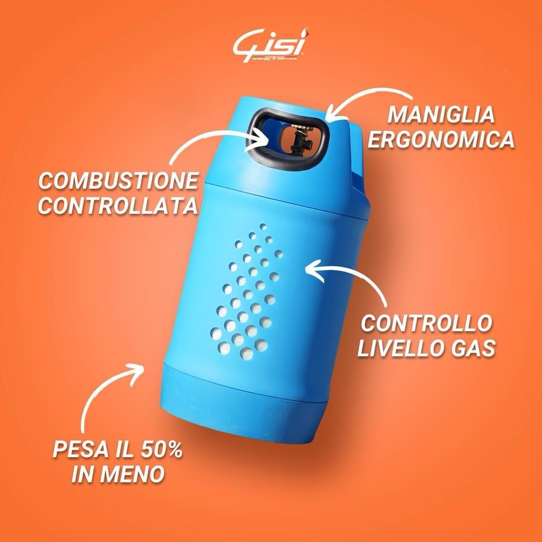 Una bombola di gas blu su sfondo arancione, con etichette che indicano l'impugnatura ergonomica, il peso e il livello del gas.