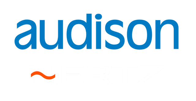 The audison logo is blue and orange on a white background