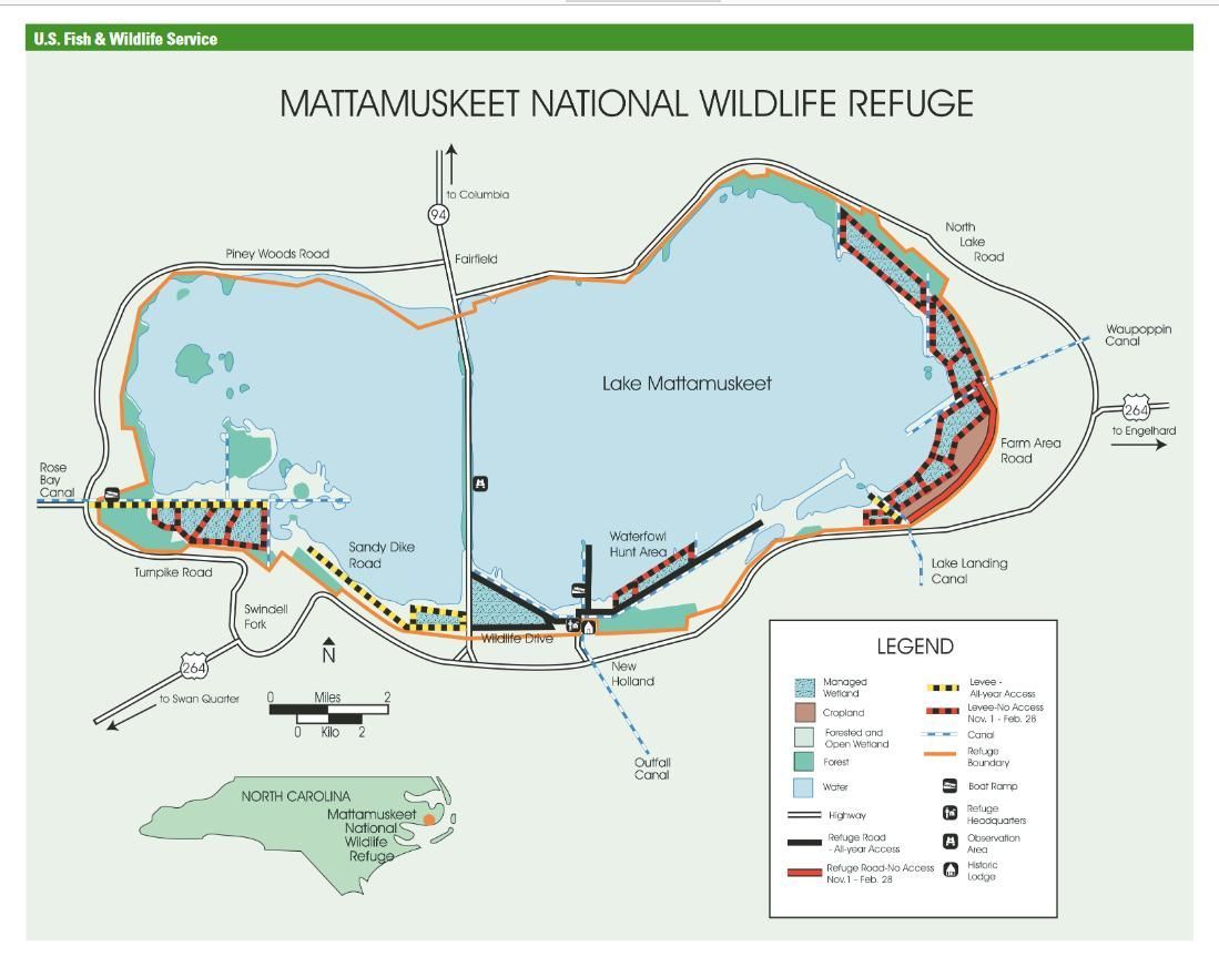 Map of Mattamuskeet National Wildlife Refuge with blue lake, roads, trails, and legend.