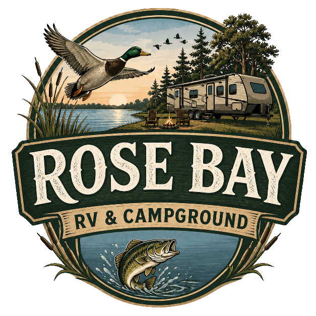 Rose Bay RV & Campground logo with duck, fish, campsite, and lake scene