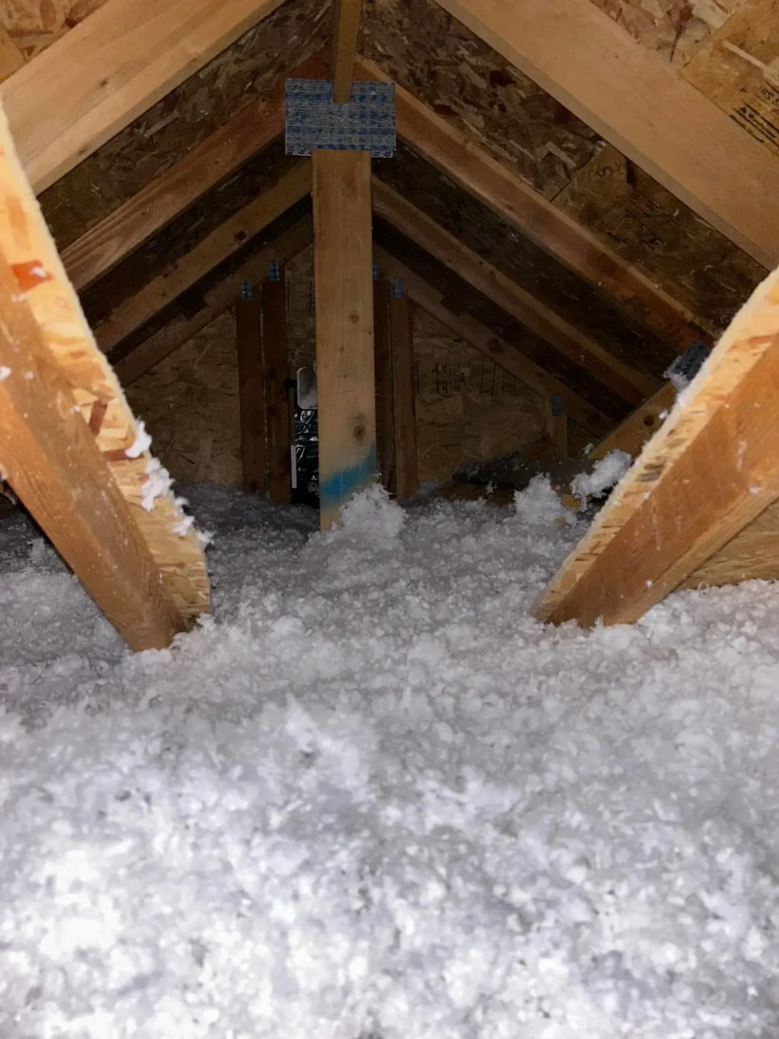 Attic space with wooden beams and white insulation.
