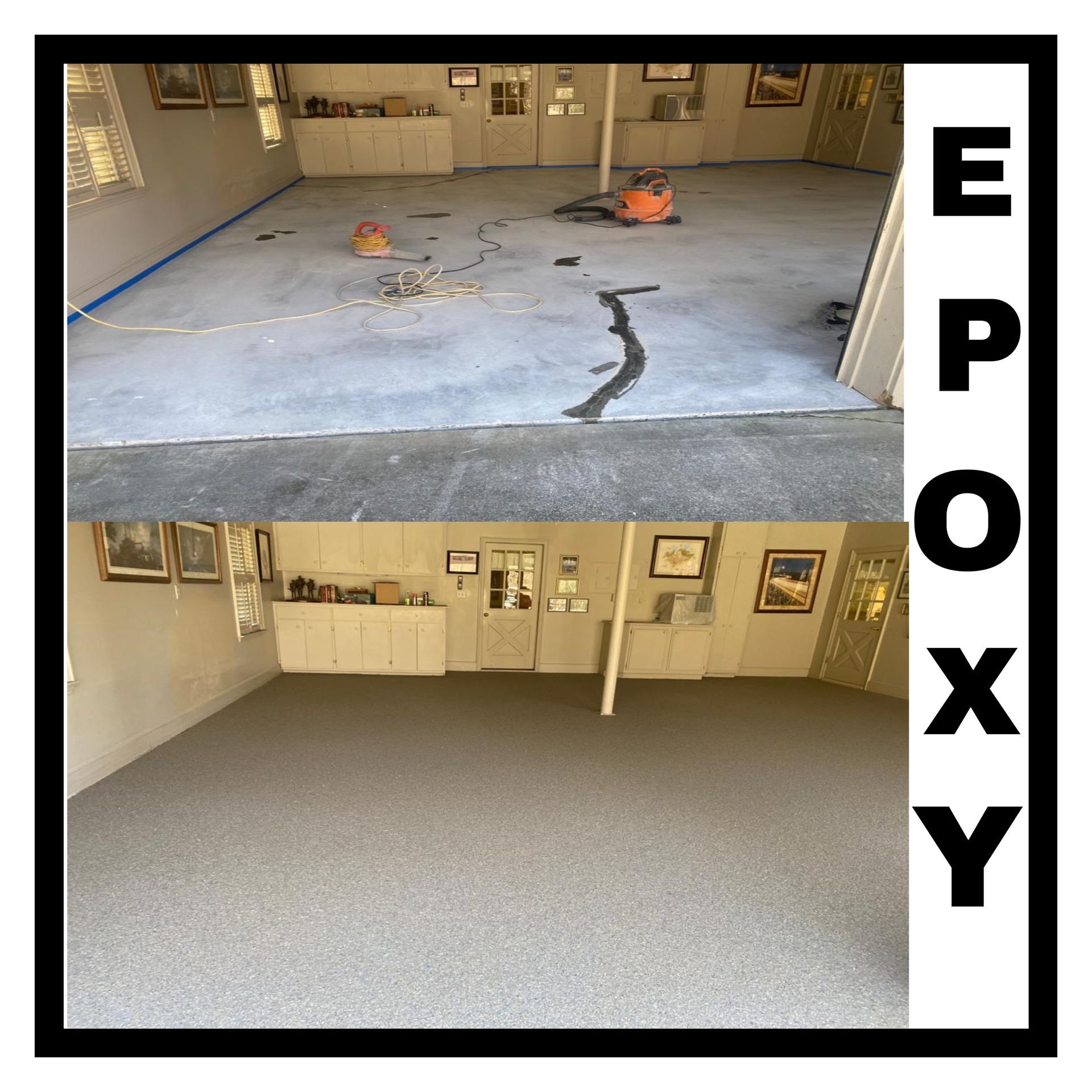 A before and after picture of an epoxy floor in a garage.