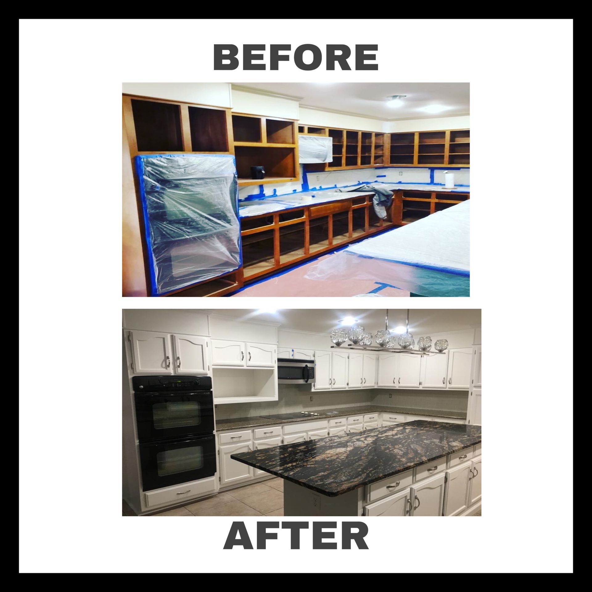 A before and after picture of a kitchen being remodeled
