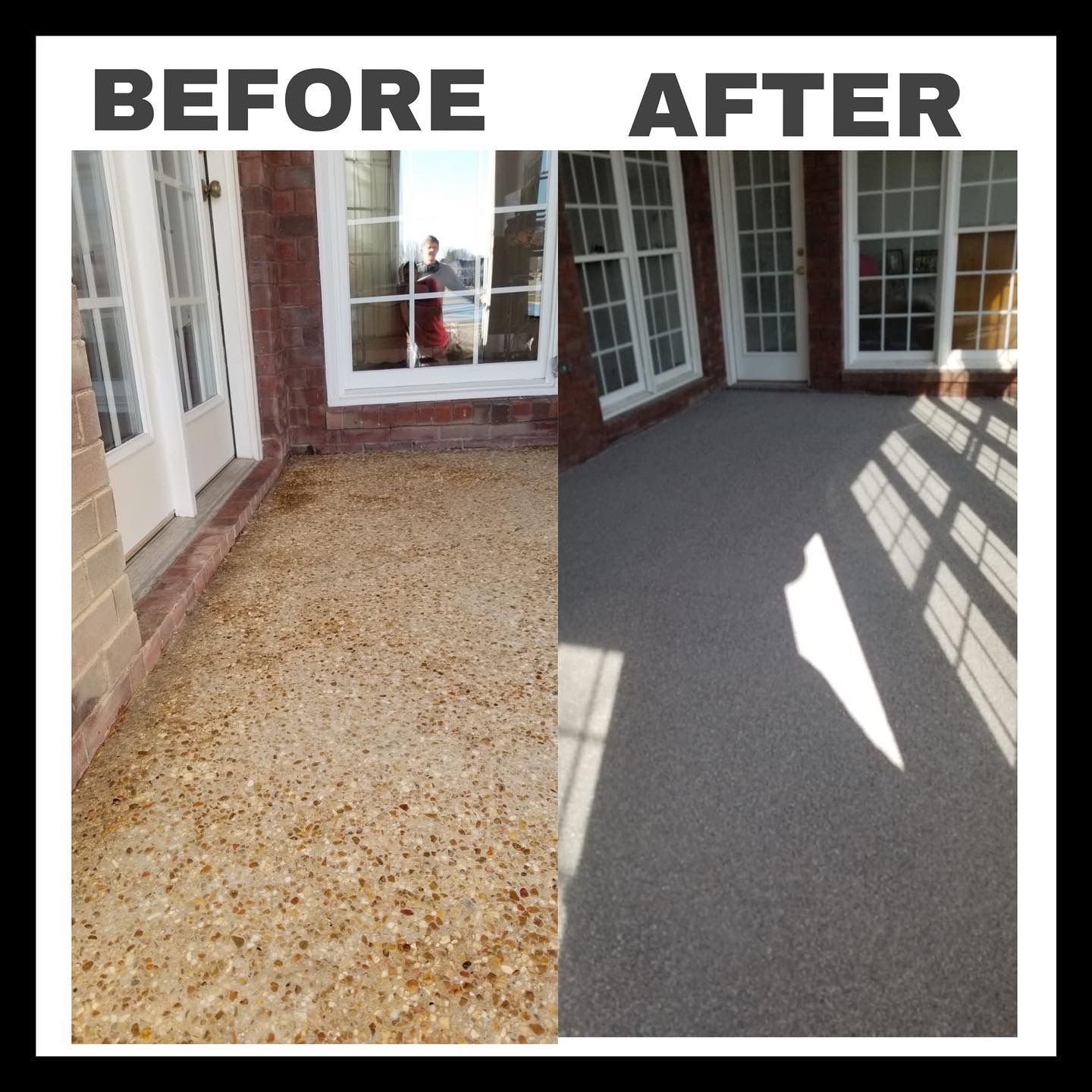 A before and after picture of a patio