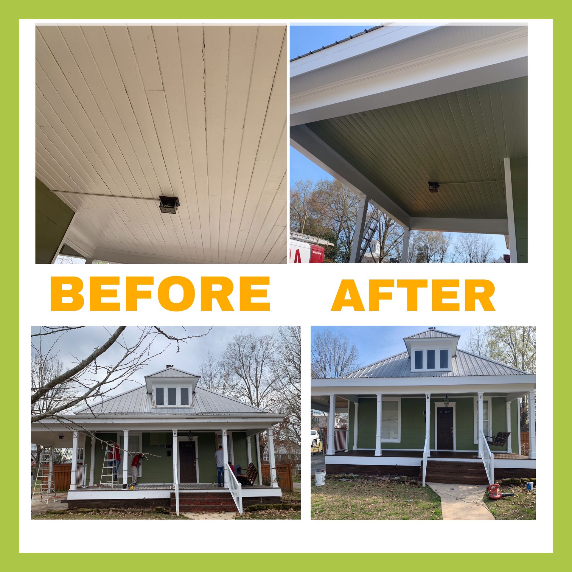A before and after photo of a green house