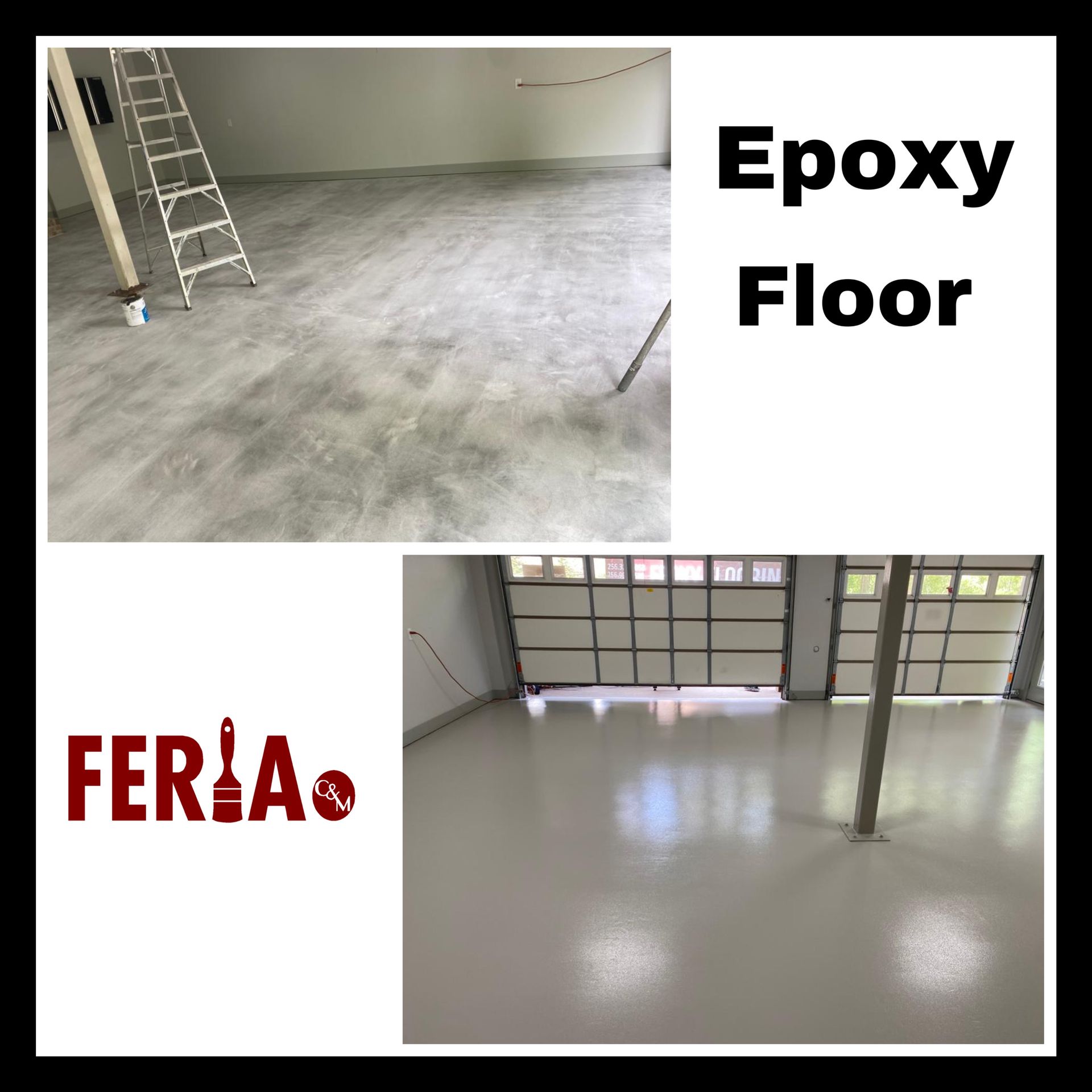 A before and after picture of an epoxy floor in a garage.