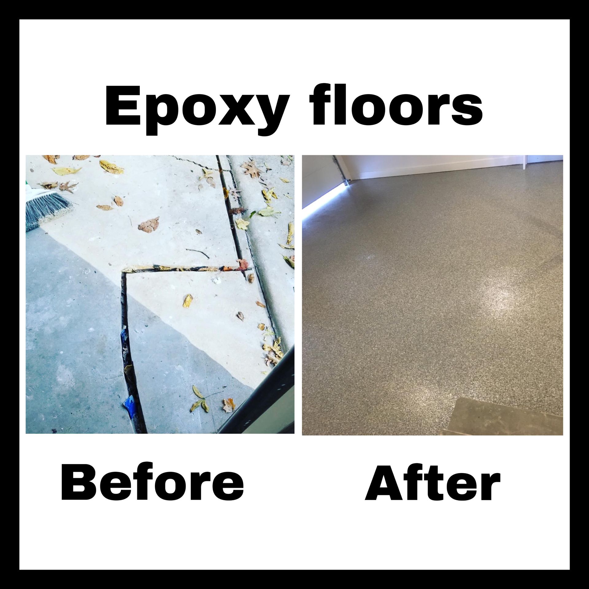 A before and after picture of an epoxy floor