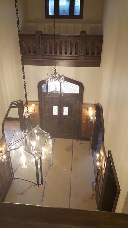 Hallway with a Chandelier