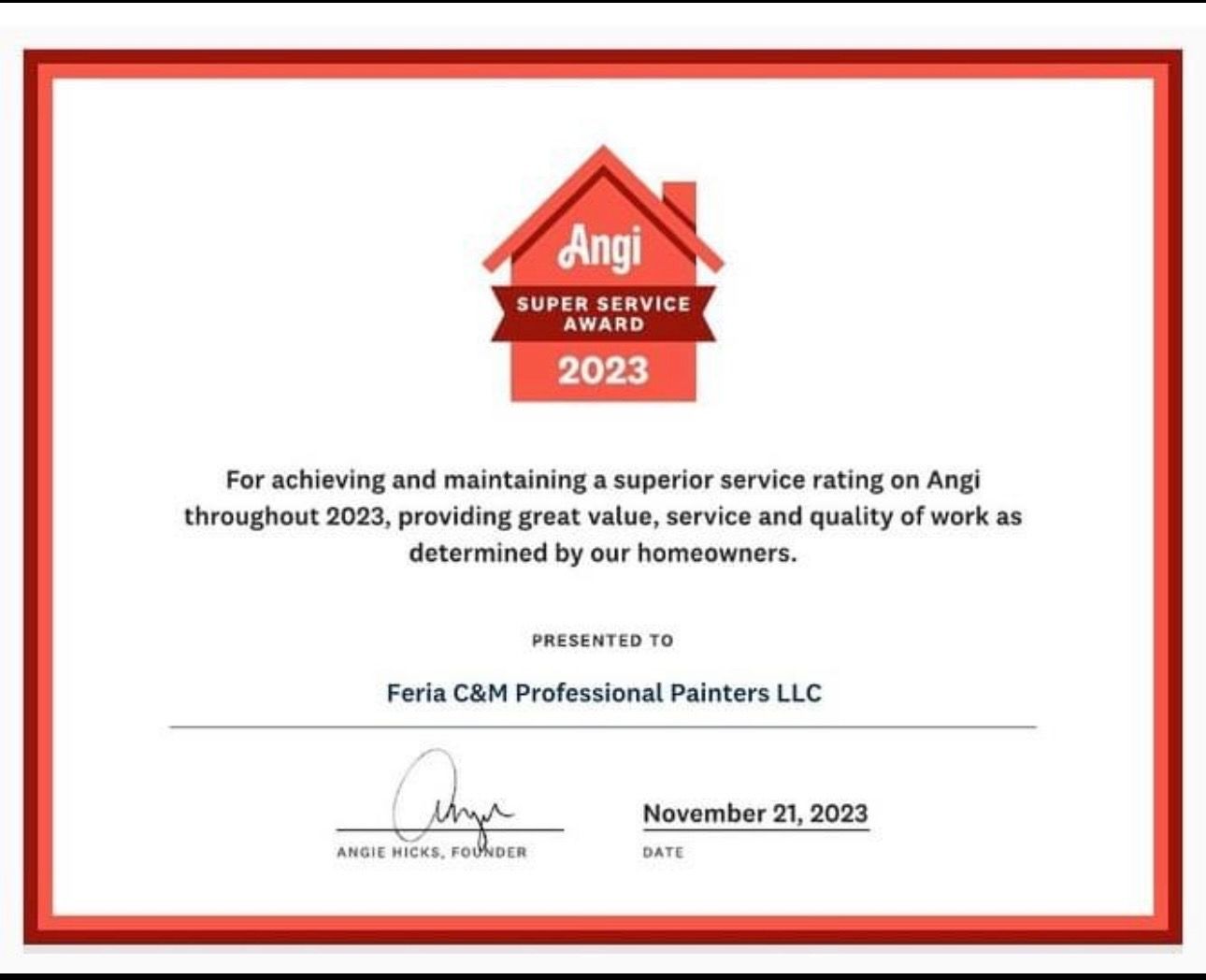 An angi super service award for achieving and maintaining a superior service rating on angi throughout 2023