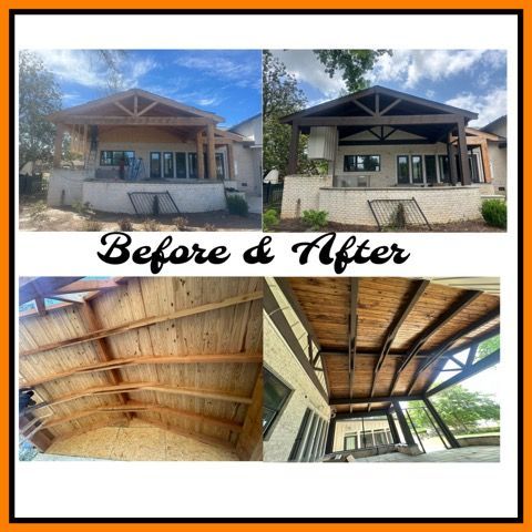 A before and after photo of a house with a wooden roof.