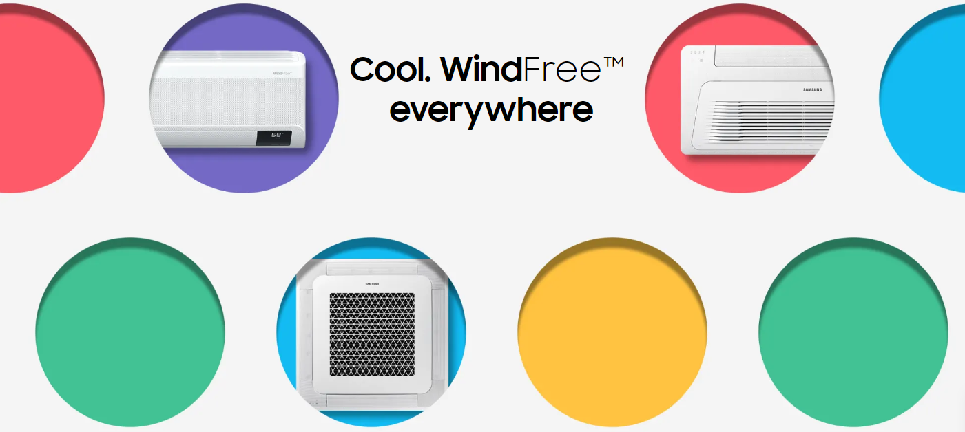 A picture of a cool wind free everywhere air conditioner surrounded by colorful circles.