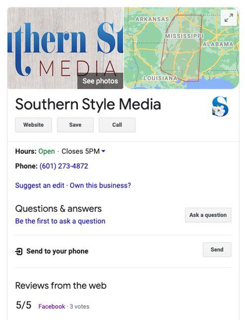 Google My Business listing for Southern Style Media