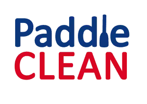 A blue and red logo for paddle clean