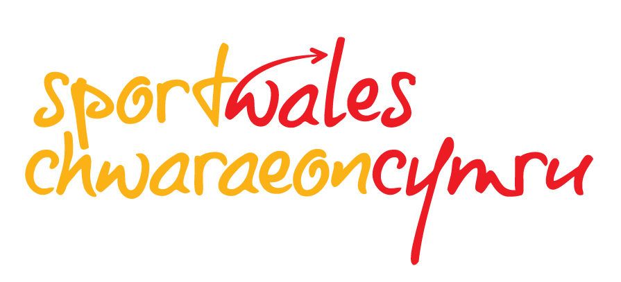 A yellow and red logo for sport wales chwaraeon cymru