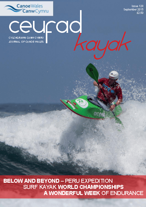 A magazine cover for ceurad kayak shows a man in a green kayak