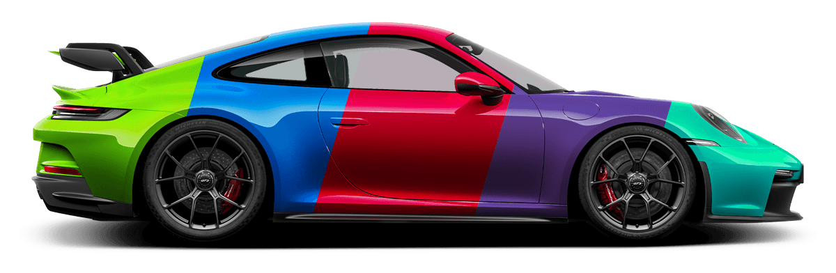 Colorful Porsche car with sections of green, blue, red, purple, and teal.
