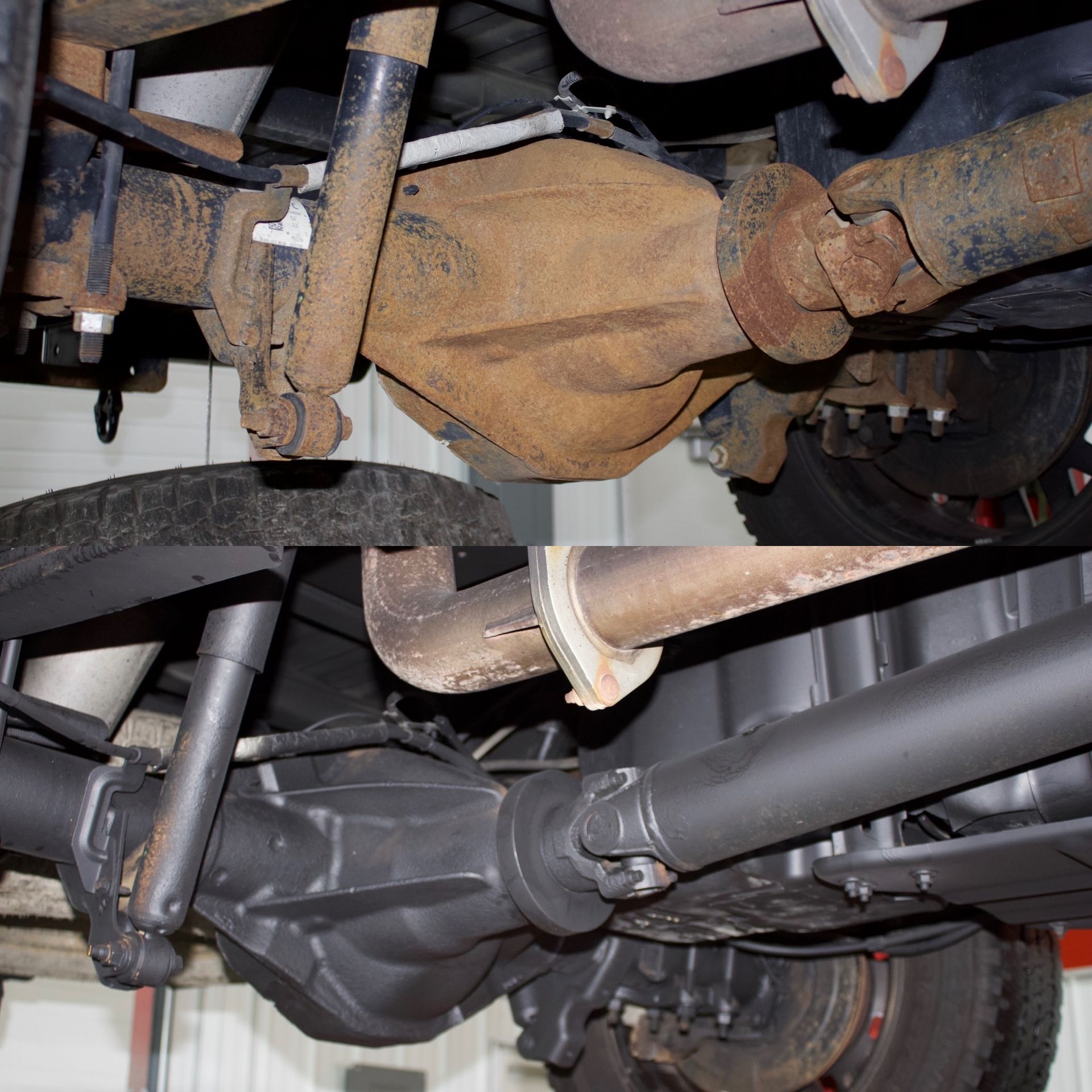 A man is cleaning the wheel of a black car with a sponge.