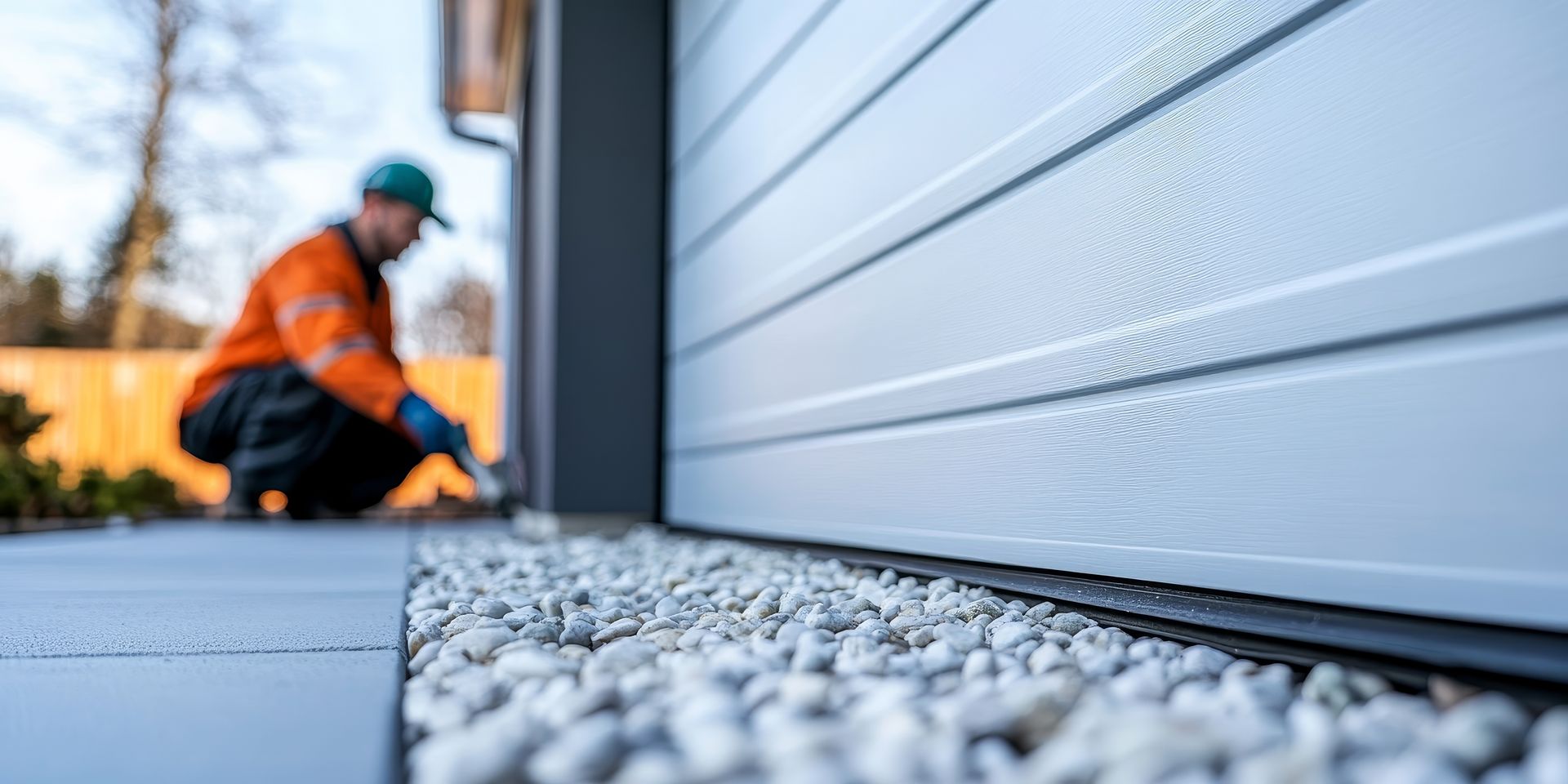 Worker installing sealant along the bottom edge of a closed garage door.