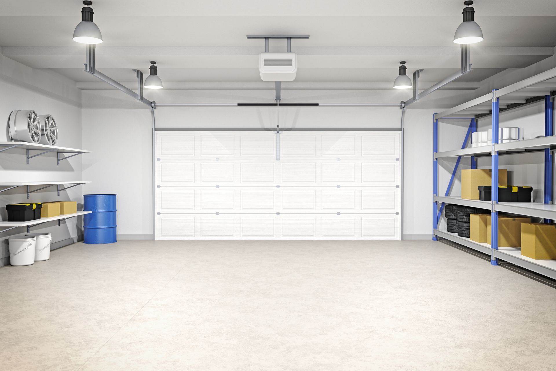 Clean empty garage interior of modern home with secure and efficient garage door system.