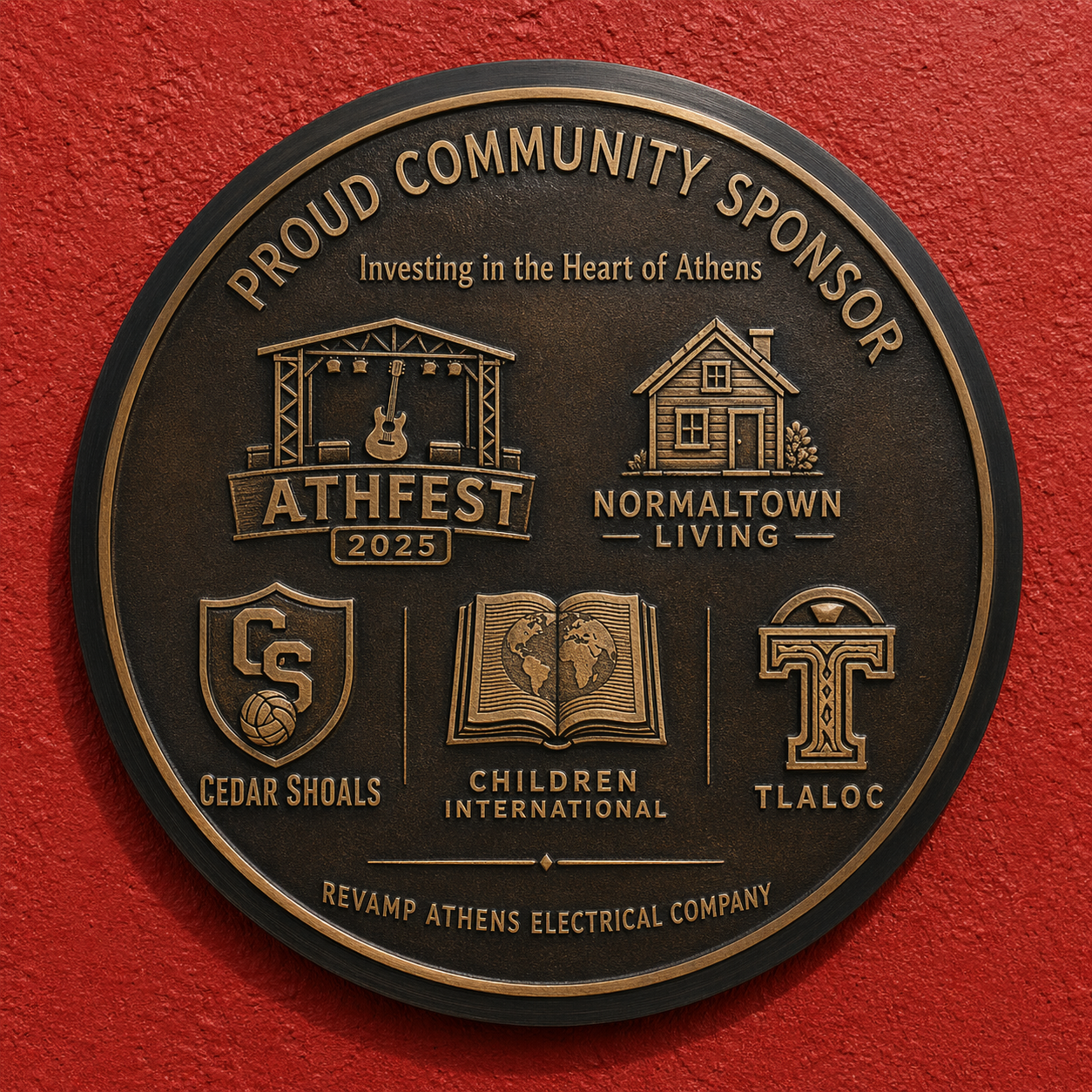 Round bronze “Proud Community Sponsor” plaque with six sponsor logos on a red background