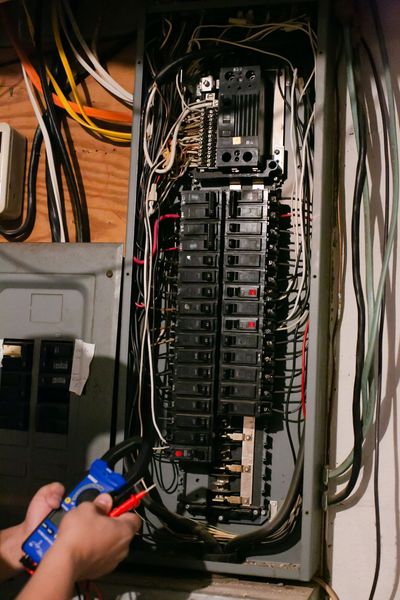 Person testing an electrical breaker panel with a blue voltage tester in a wall utility box