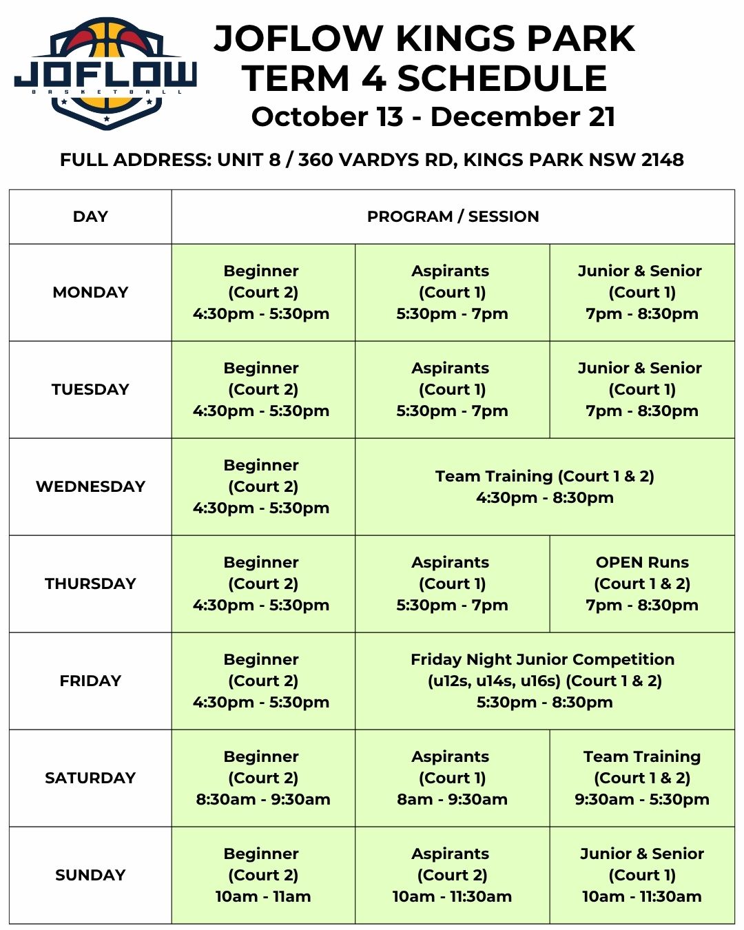 A schedule for Joflow Kings Park Term 4, October 13-December 21. It lists programs by day and time.