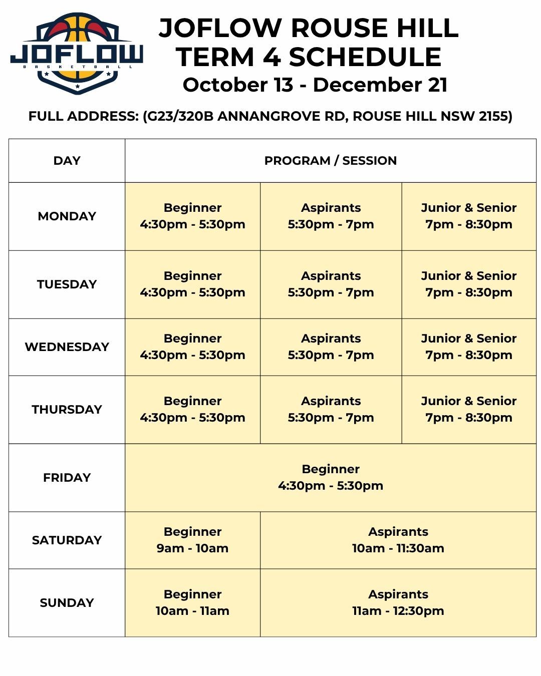 Schedule for Joflow Rouse Hill basketball classes, including days, times, and levels.
