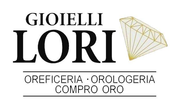 Logo per Gioielli Lori, gioielleria, con testo, grafica di un diamante e elenco dei servizi del negozio.