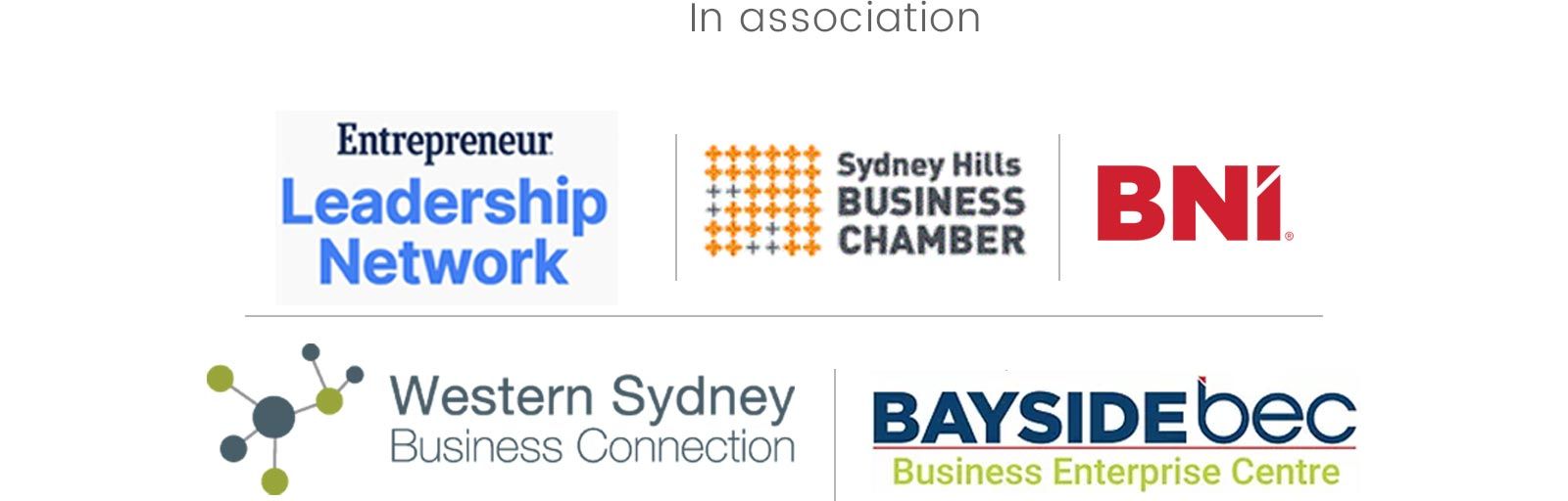 In Association with Entrepreneur.com logo, Sydney Hills Business Chamber logo, BNI logo, Western Sydney Business Connection logo, Bayside BEC logo