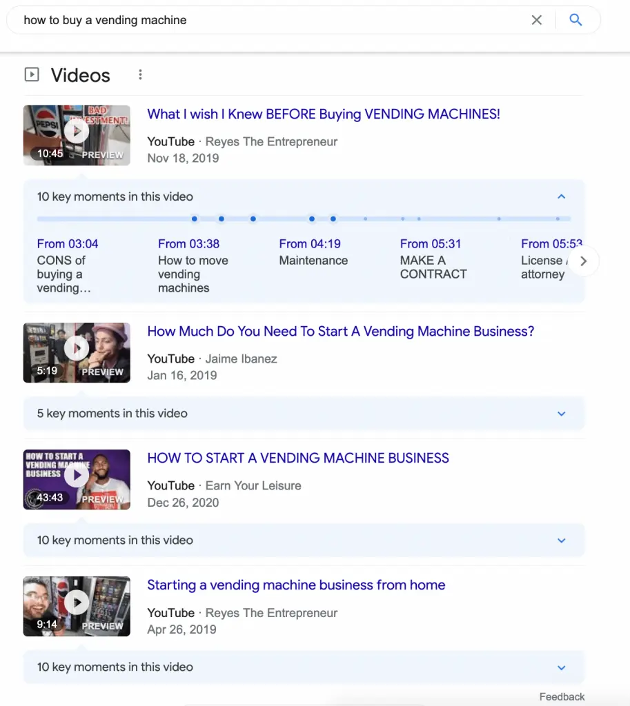 video carousels on Google SERP