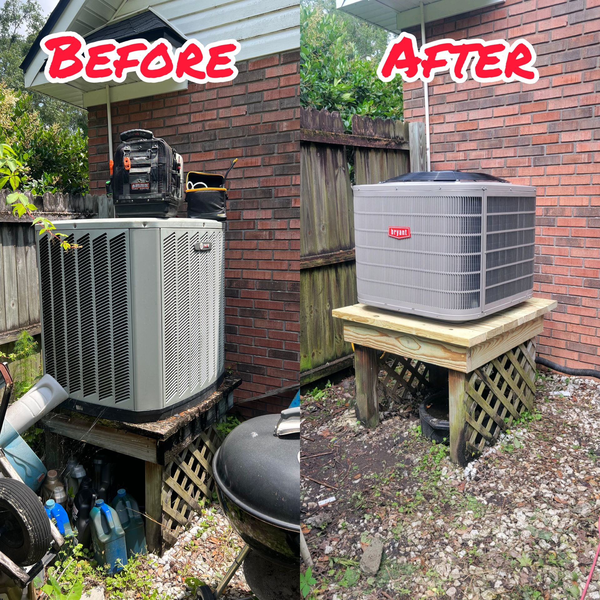 A before and after picture of an air conditioner sitting on top of a wooden platform.