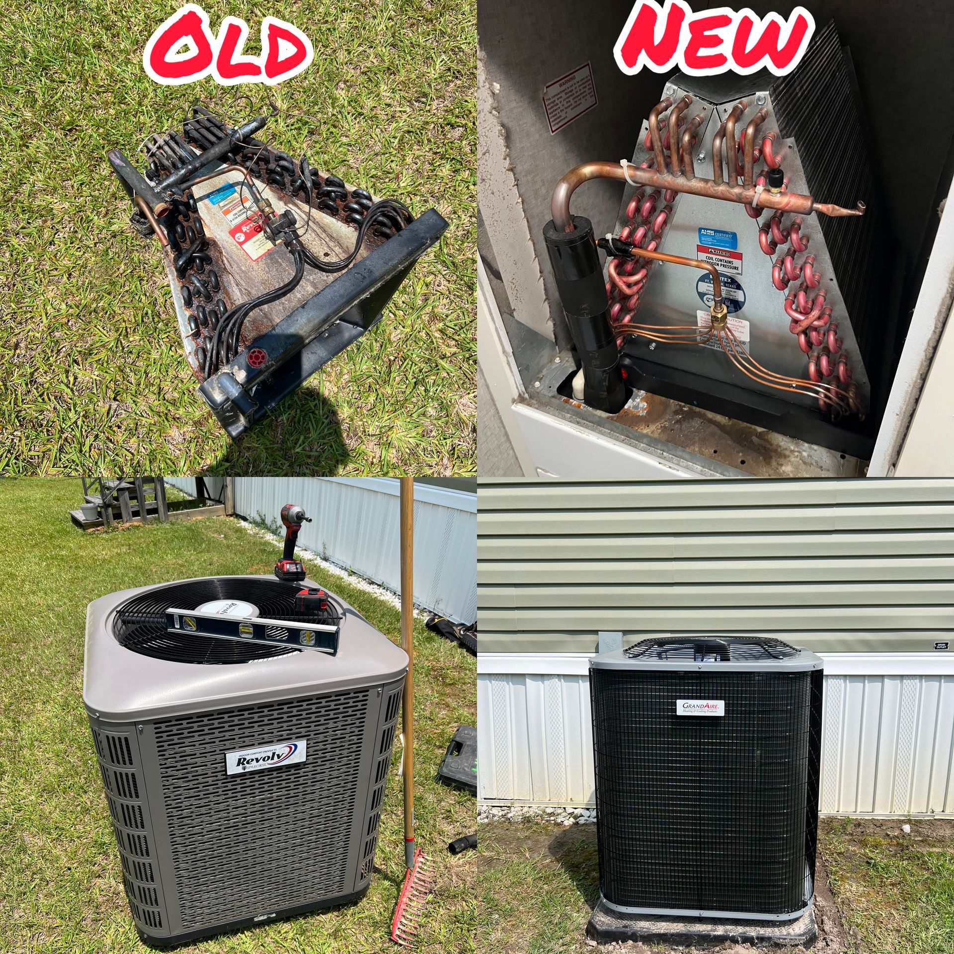 A collage of pictures of an old and a new air conditioner.