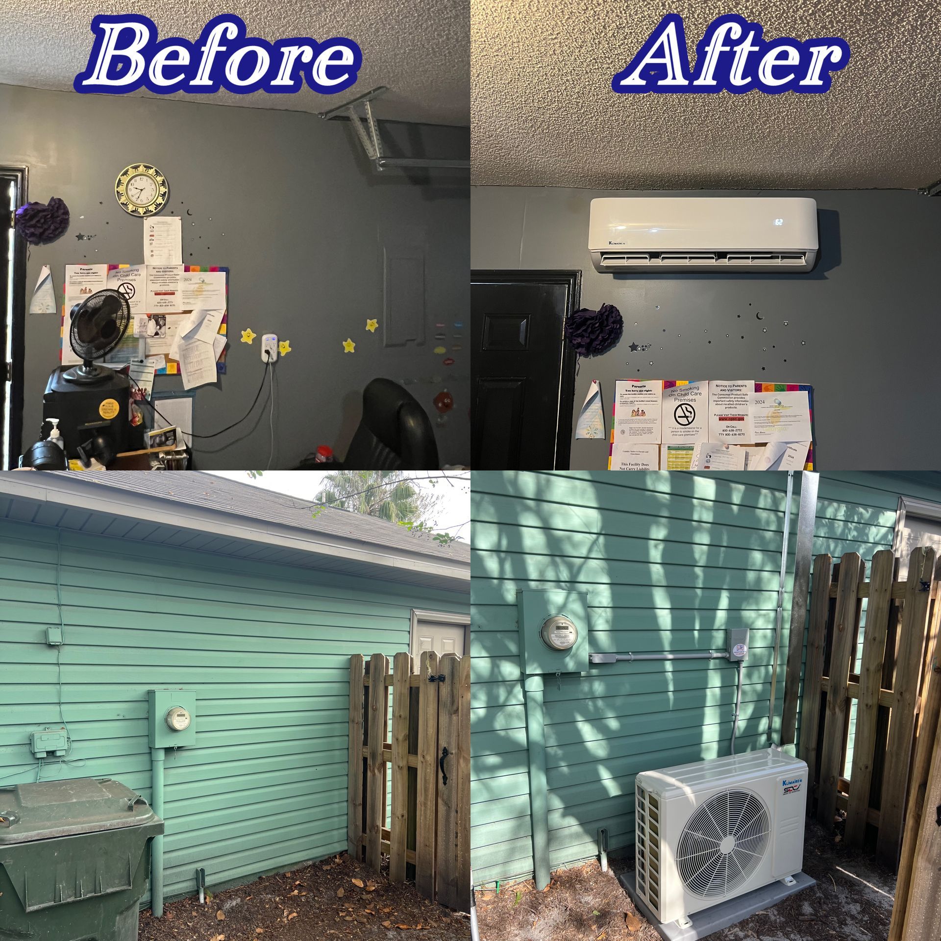 A before and after picture of a house with an air conditioner installed.