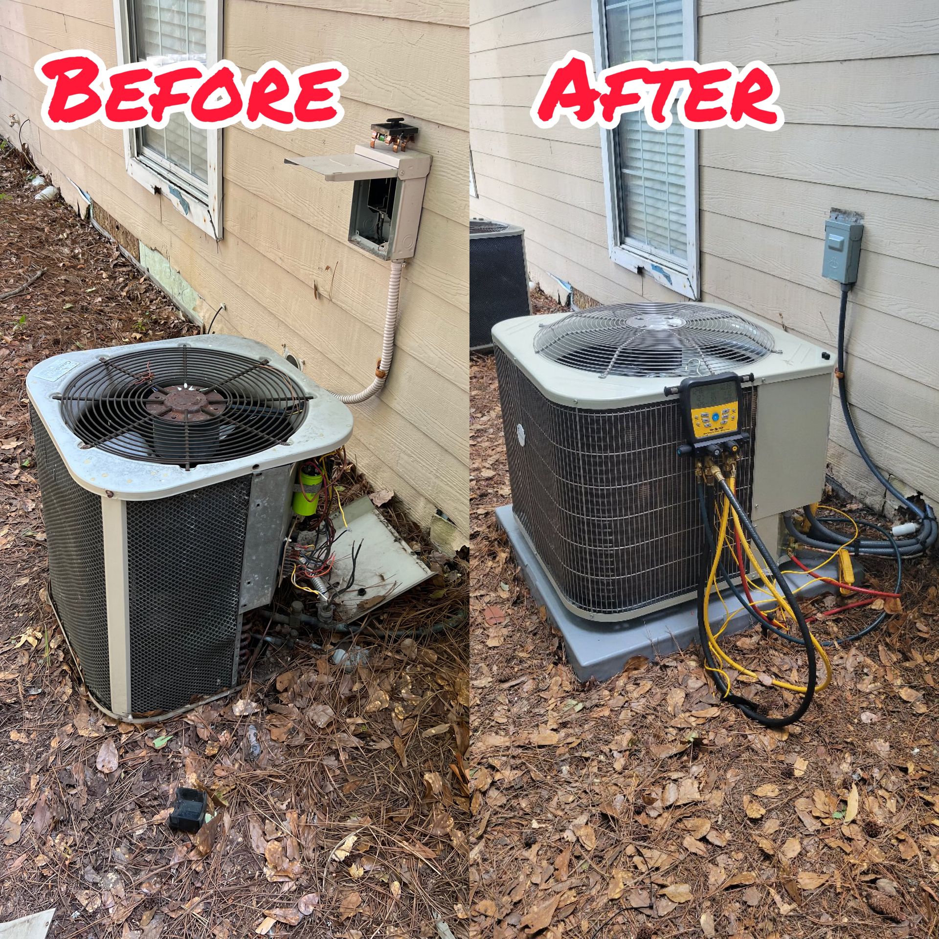 A before and after picture of an air conditioner on the side of a house.