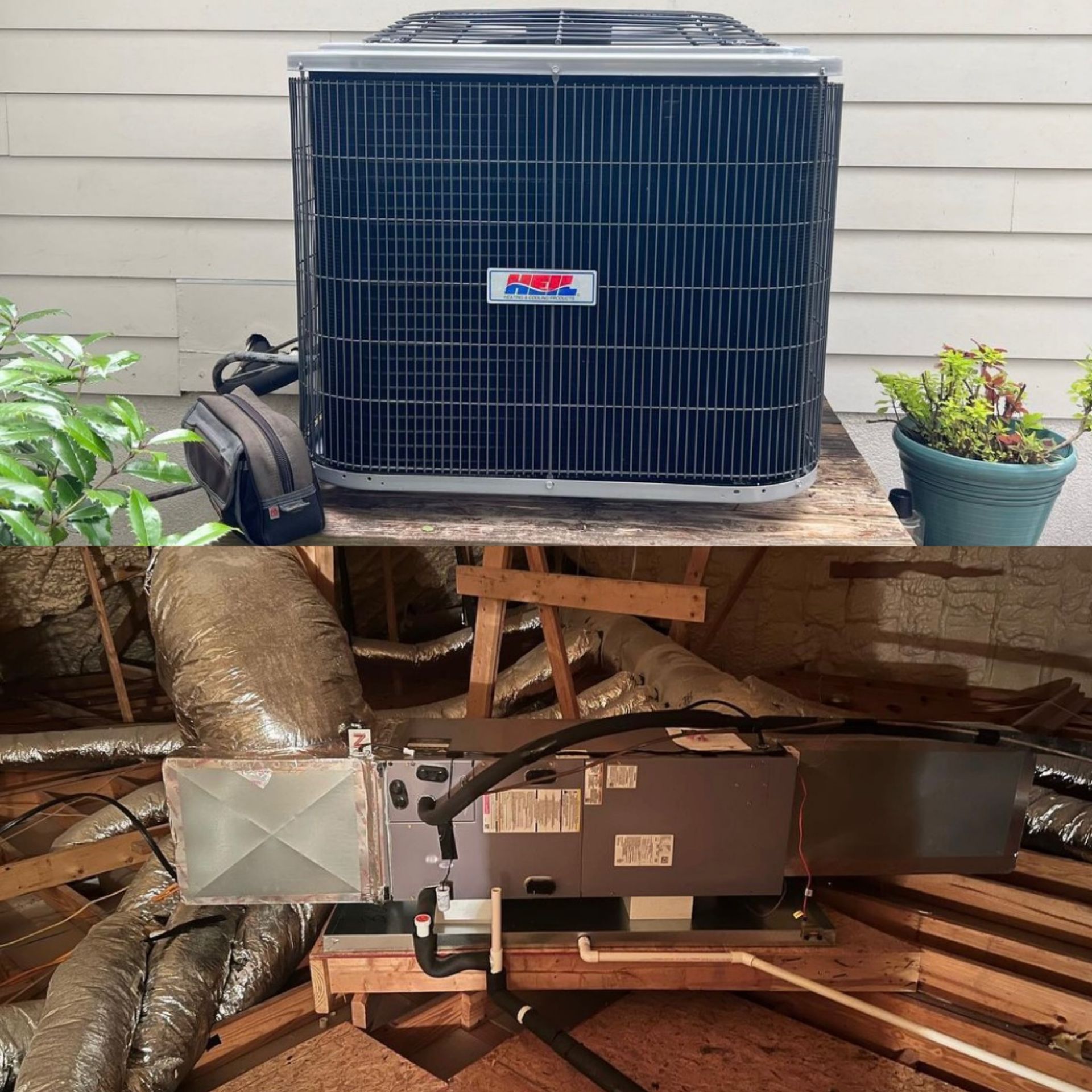 An air conditioner is sitting on top of a wooden table.