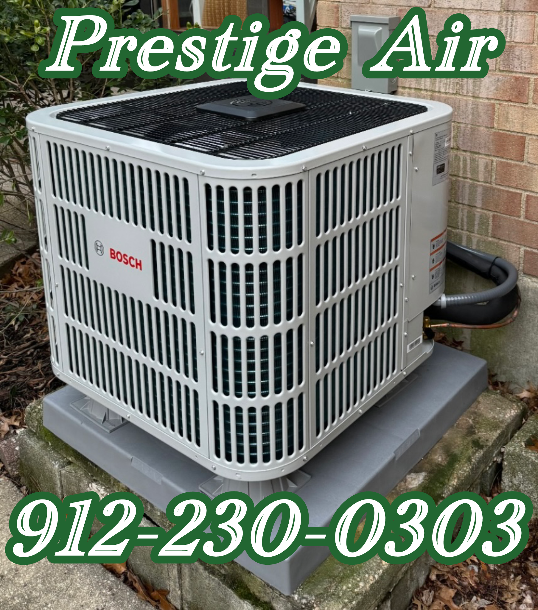 A prestige air air conditioner is sitting on top of a concrete block.