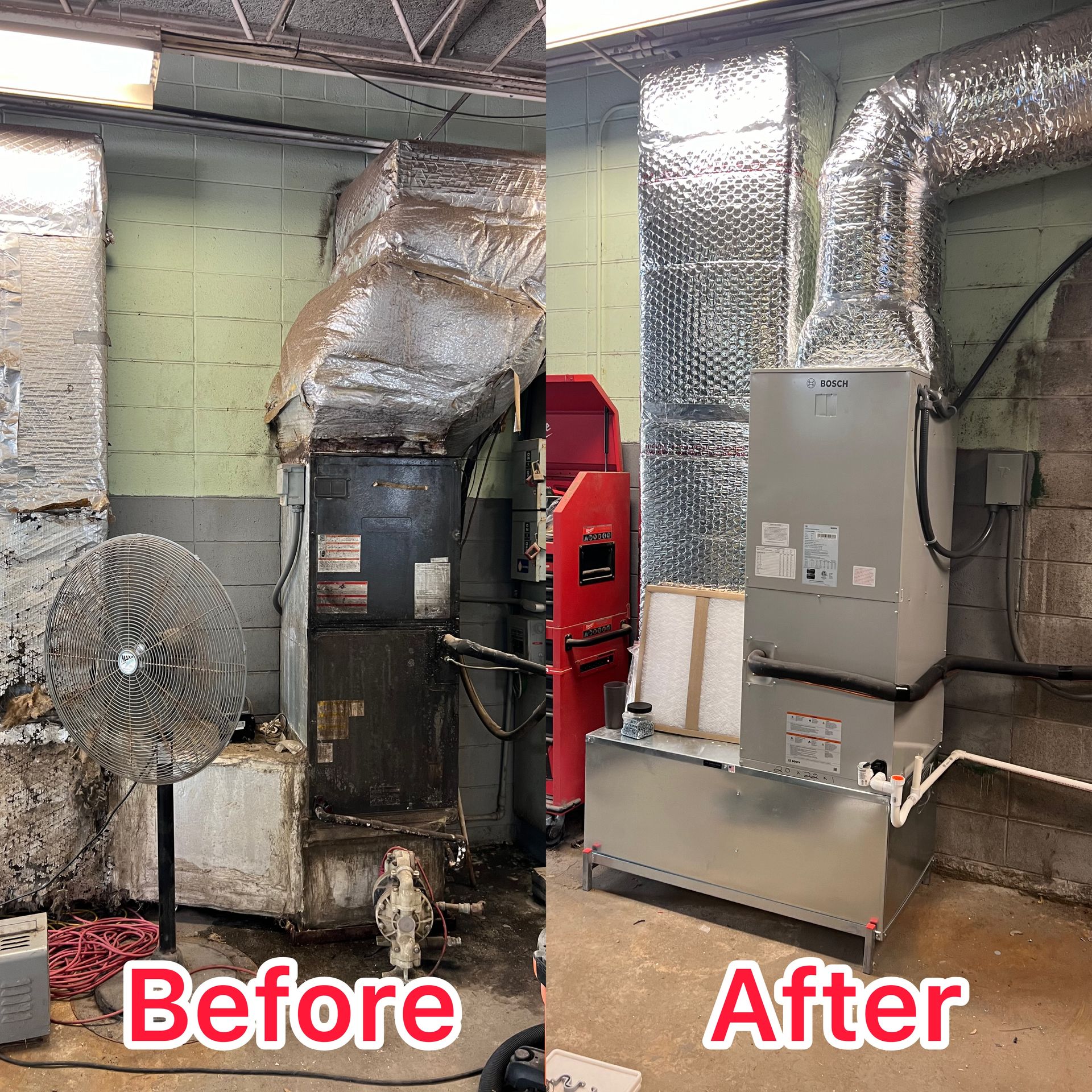 A before and after picture of an air conditioner in a building.