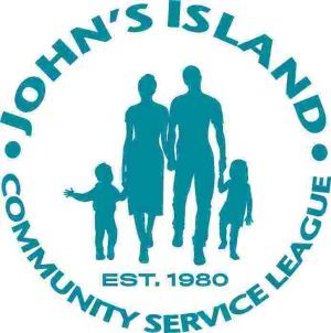 The logo for john 's island community service league shows a family holding hands in front of a tree.