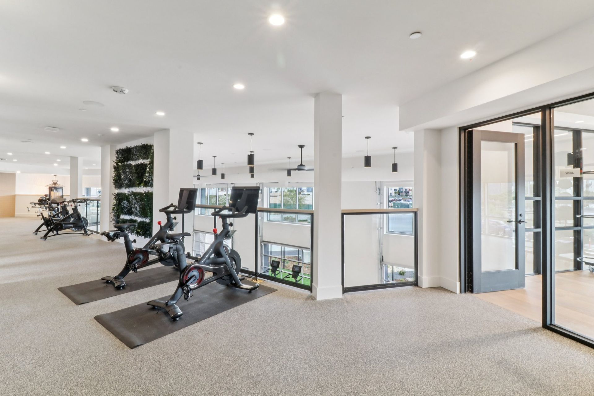 Indoor cycling studio with exercise bikes, a living wall, and glass door.