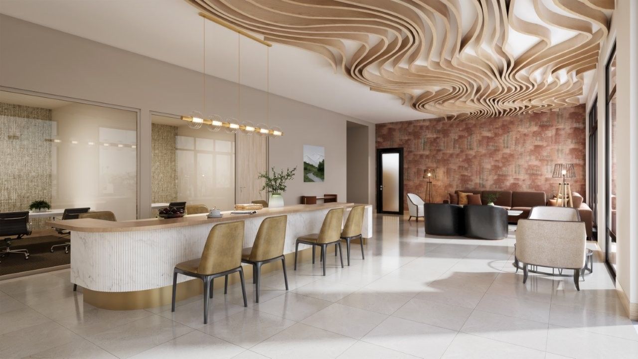 Modern office lobby with decorative wood ceiling and marble floors.
