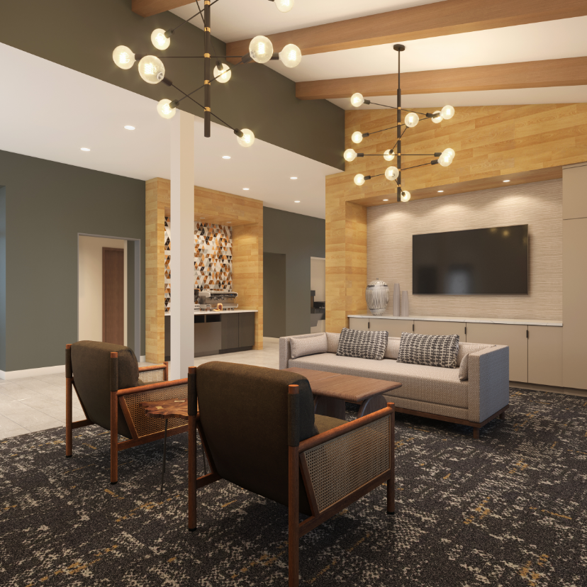 Clubhouse with a couch and chairs and a flat screen tv