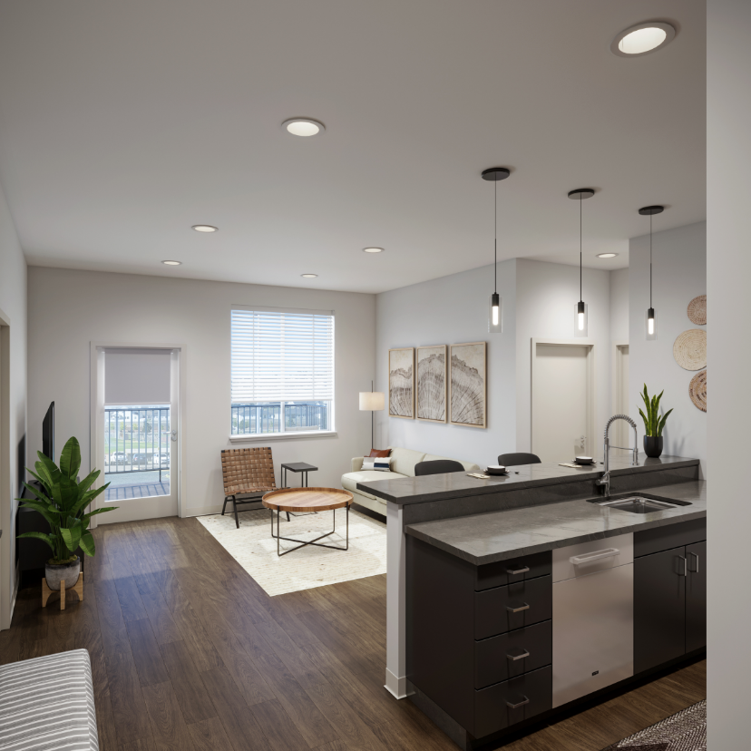 An artist 's impression of a living room and kitchen