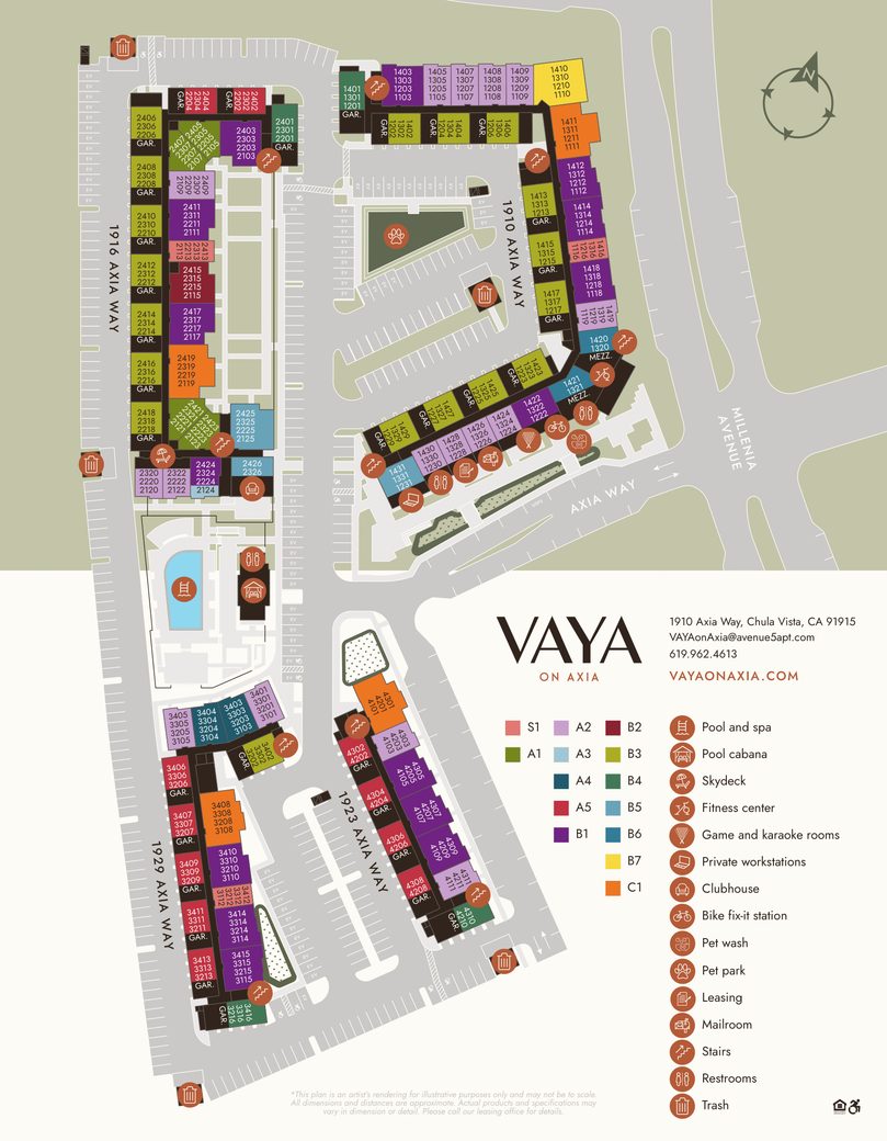 Apartment complex floor plan, Vaya, showing unit layouts, parking, pool, and walkways.