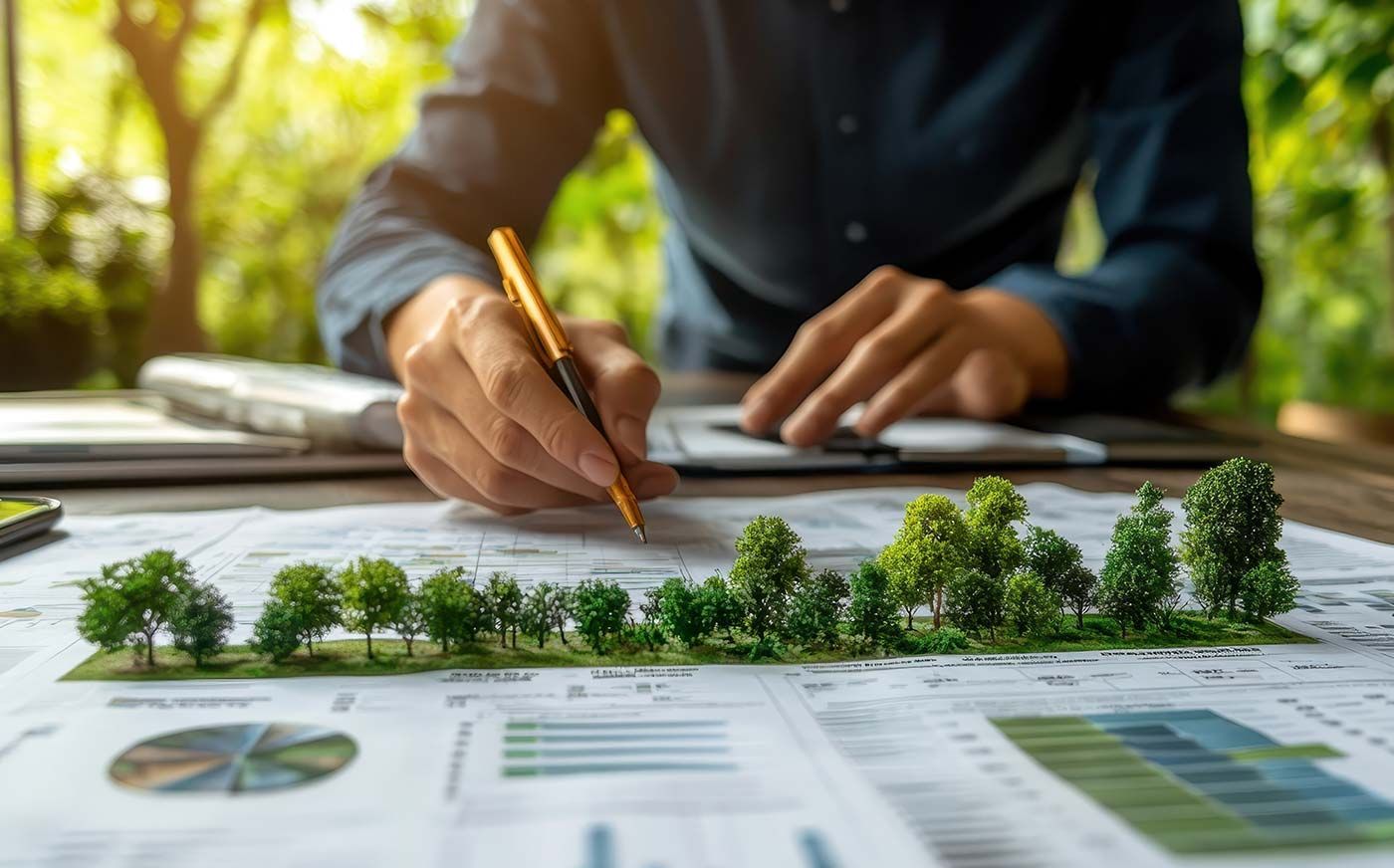 Person writing on a chart with a miniature forest on the page, outdoors in natural light.